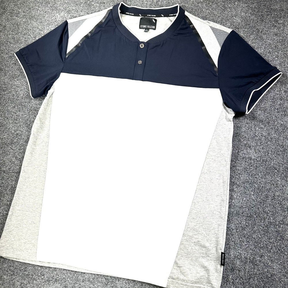 Stone Falcon Shirt Men's Large Navy Gray Henley Blade Collar Stretch Casual Golf